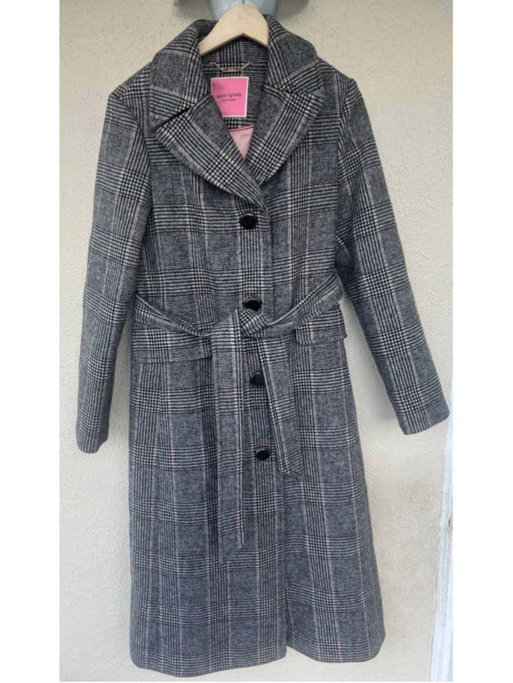 Kate Spade New York Plaid Wool Blend Belted Overcoat M Preppy Academia Office
